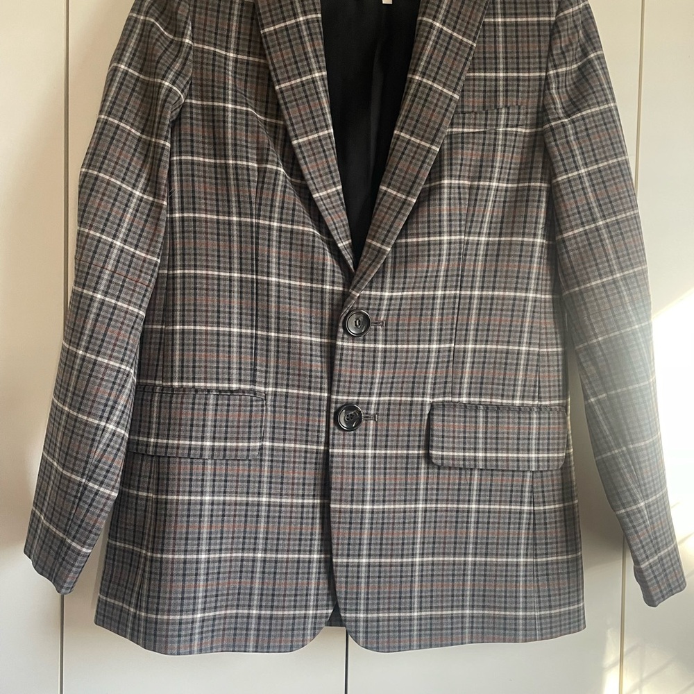 Tibi Gray Blazer with Plaid Pattern and Notched Lapel